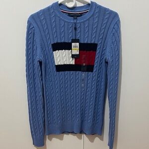 Tommy Hilfiger Men's Light Blue Cable Knit Crewneck Sweater
